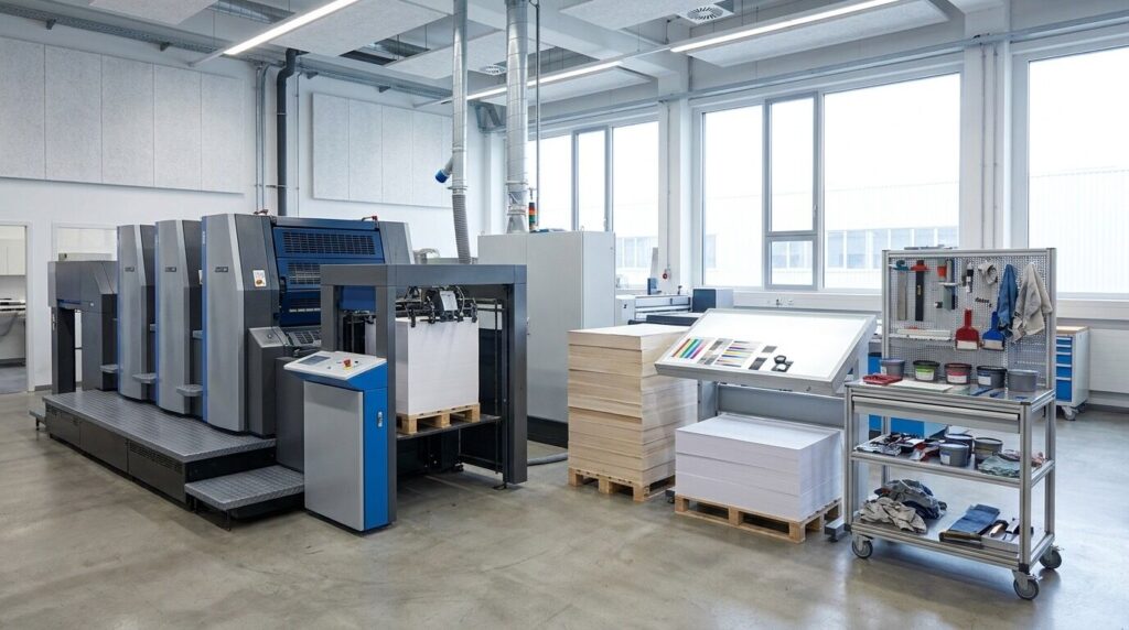 Johannes-Gutenberg-Schule Heidelberg: Name und Fakten Werkstattraum einer beruflichen Schule mit Druckmaschine und Papierstapeln