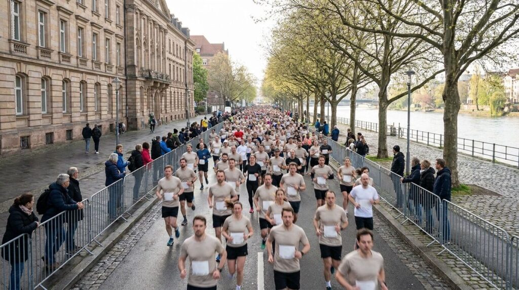 Gutenberg Marathon Mainz: Woher der Name kommt Läuferfeld auf einer Rheinuferstraße bei einem Straßenlauf in Mainz