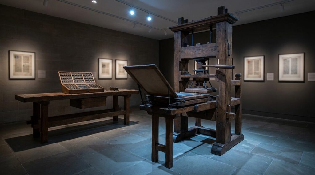 Historische Holzpresse und Setzkasten in einem Ausstellungsraum zum Buchdruck