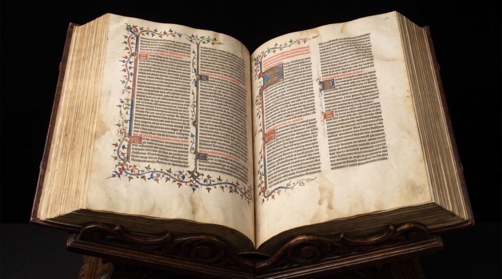 Gutenberg Bibel: 49 Exemplare, Wert und Geschichte Aufgeschlagene Gutenberg-Bibel mit zwei Spalten gotischer Textura und rot-blauen Initialen