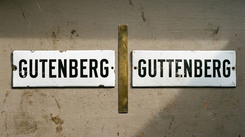 Gutenberg oder Guttenberg? Erfinder, Politiker, Orte Zwei Namensschilder mit den Schreibweisen Gutenberg und Guttenberg nebeneinander