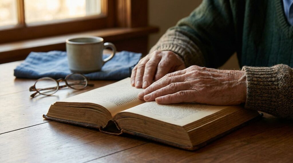 Hände eines alten Menschen auf einem aufgeschlagenen Buch am Fenster, Sinnbild für Weisheiten des Alters
